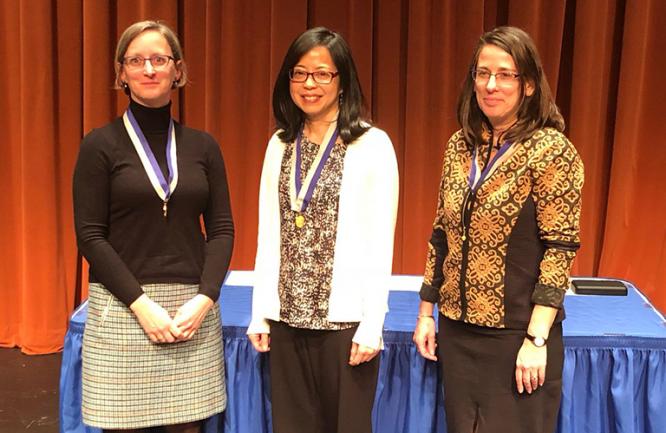 Professors Jennifer Fox of the Department of Biology, Amy Liu of the Department of Physics, and Sarah Stoll of the Department of