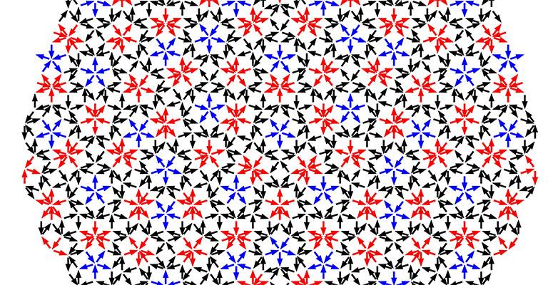 An arrangement of black, red, and blue arrows representing a Penrose tile arrangement of magnets