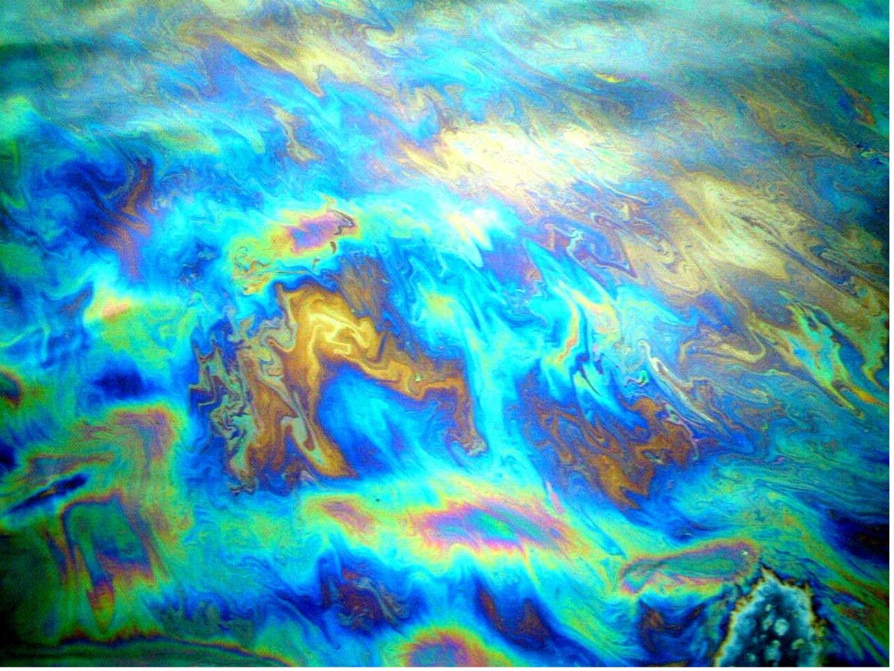 A natural oil slick off of the Santa Barbara coast illustrates the principle of thin film interference of light